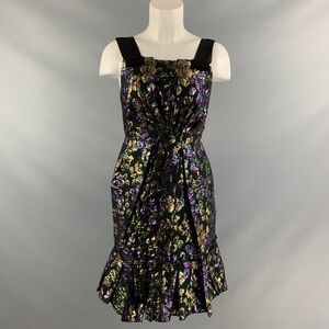 Marc Jacobs Black Midi Dress with Purple and Gold Floral Jacquard